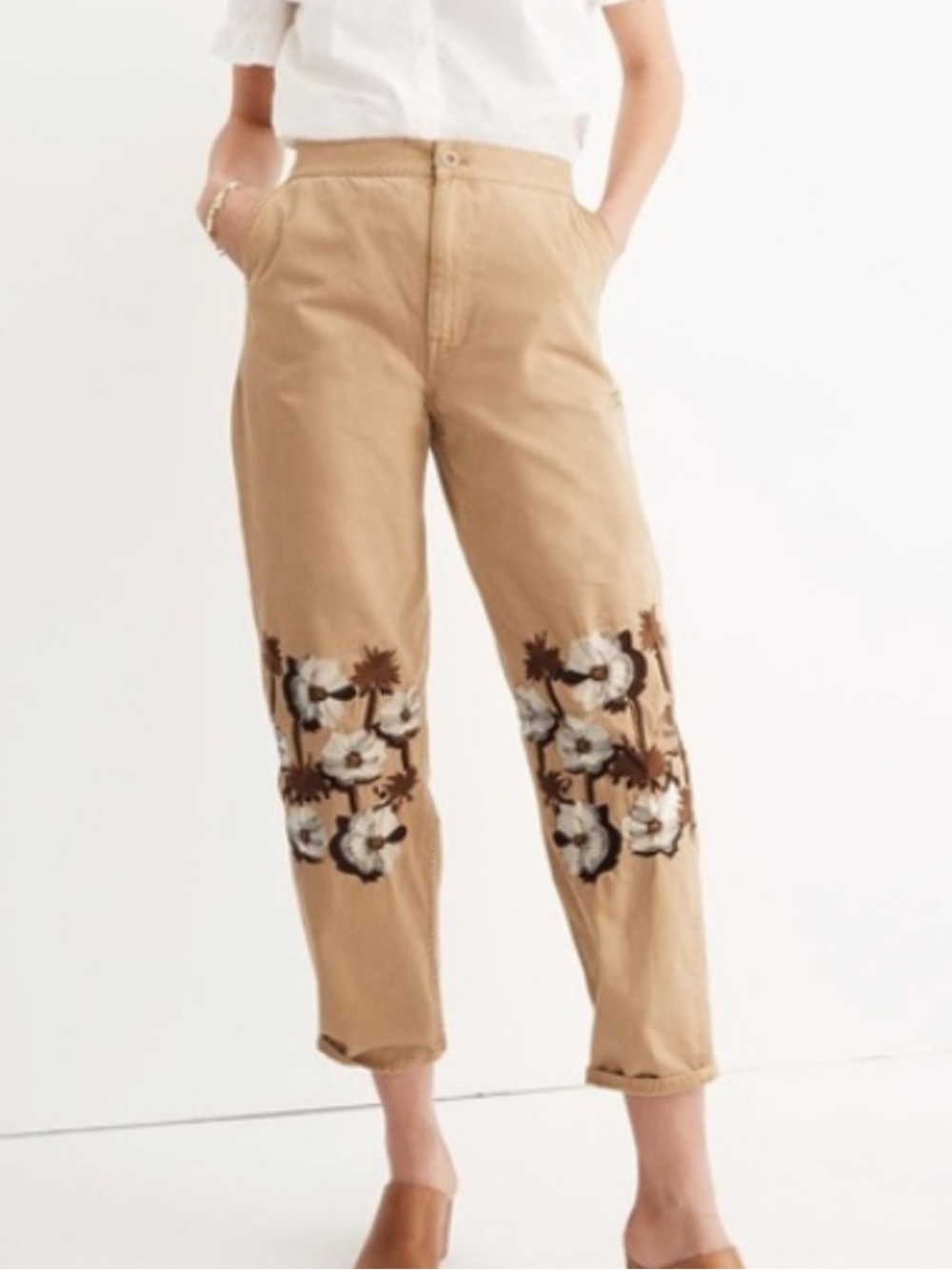 Madewell Women’s 32 Khaki Tan Floral Embroidered Hi Waist Ankle Pants in EUC